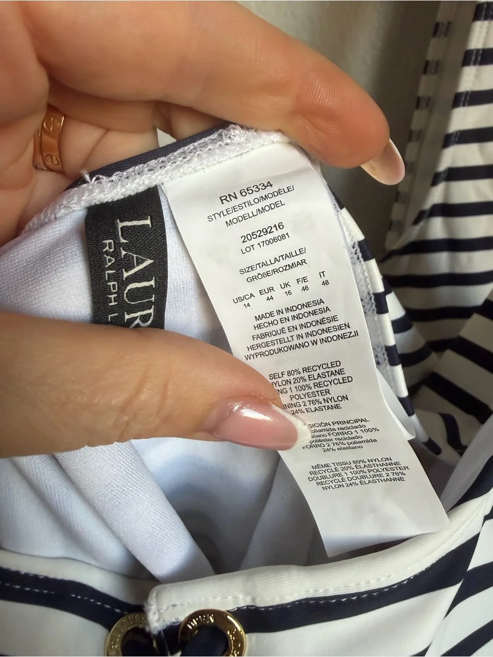 NWT Lauren Ralph Lauren Navy/White Luxe Stripe Laced Tank Swimsuit One Piece